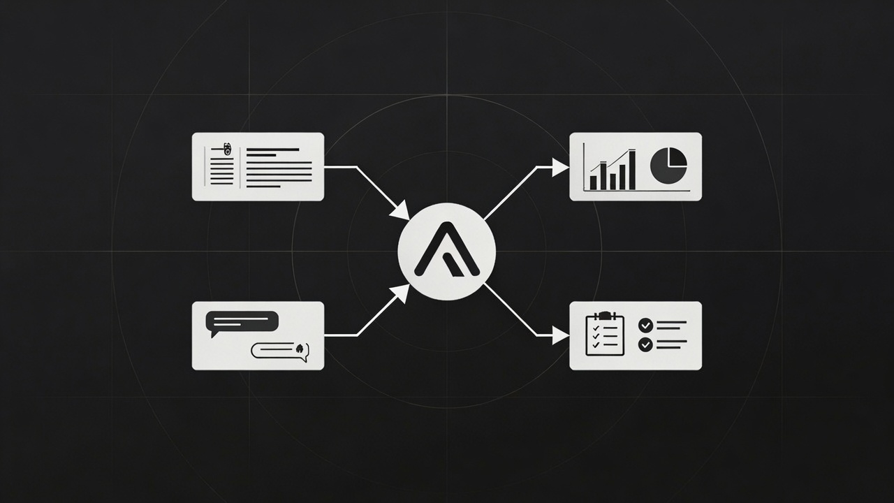 Diagram: documents and conversations flow into Alter AI, which outputs an analysis chart and an action checklist with checked items.