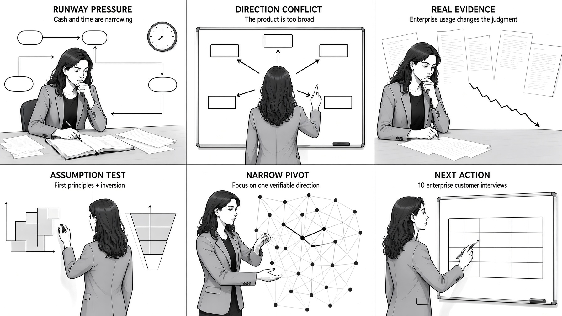 Founder pivot decision case for Alex Chen showing pressure, judgment, and next action.