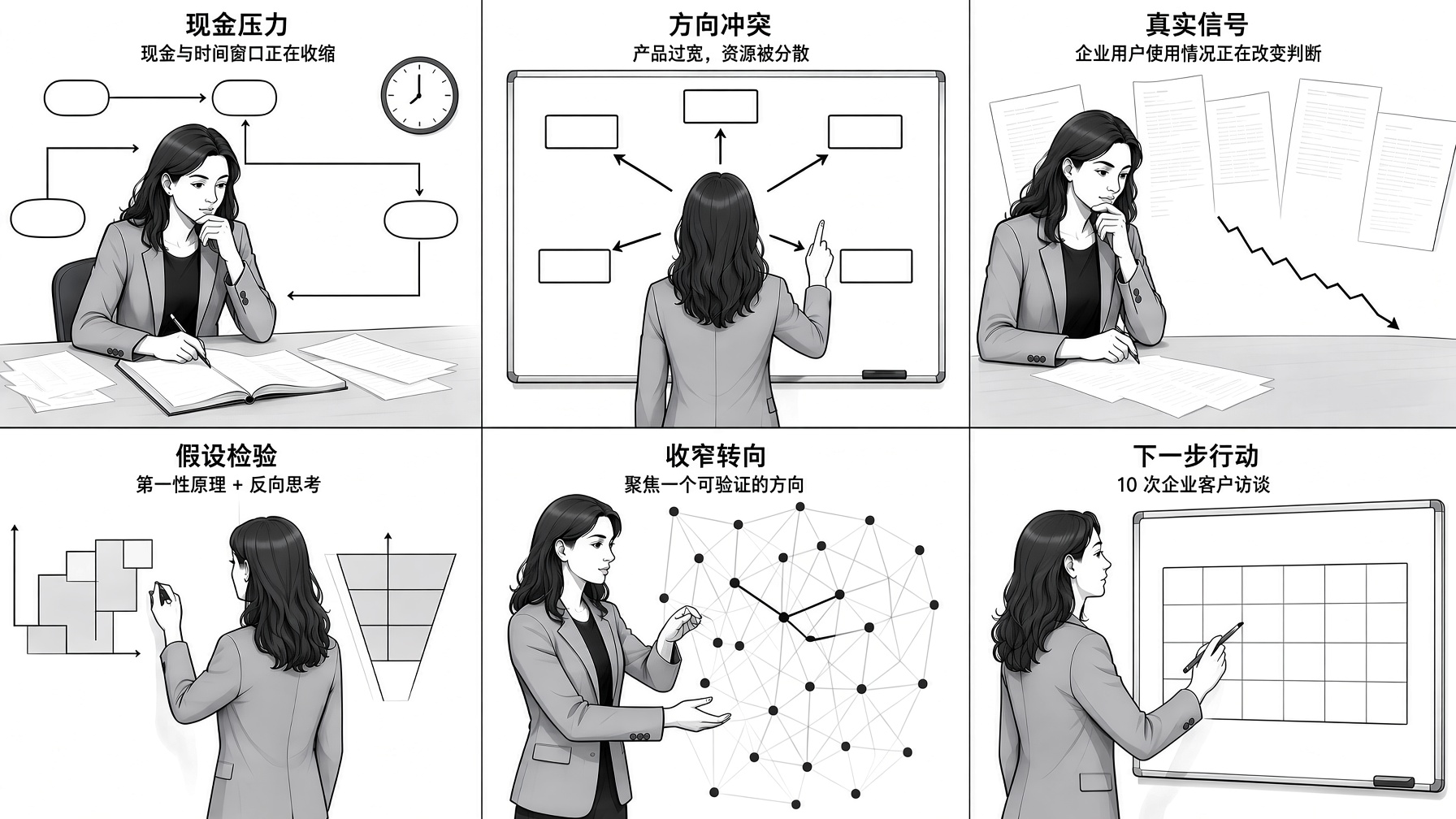 创始人 Alex Chen 转型决策案例图，展示压力、判断与下一步行动。