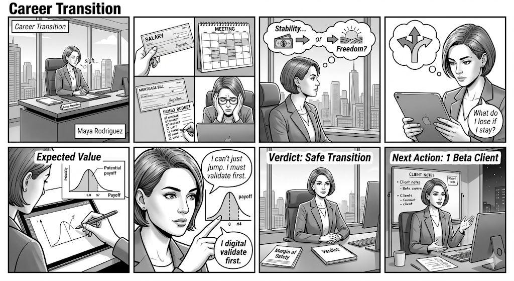 Career transition decision case for Maya Rodriguez showing decision structure and action path.