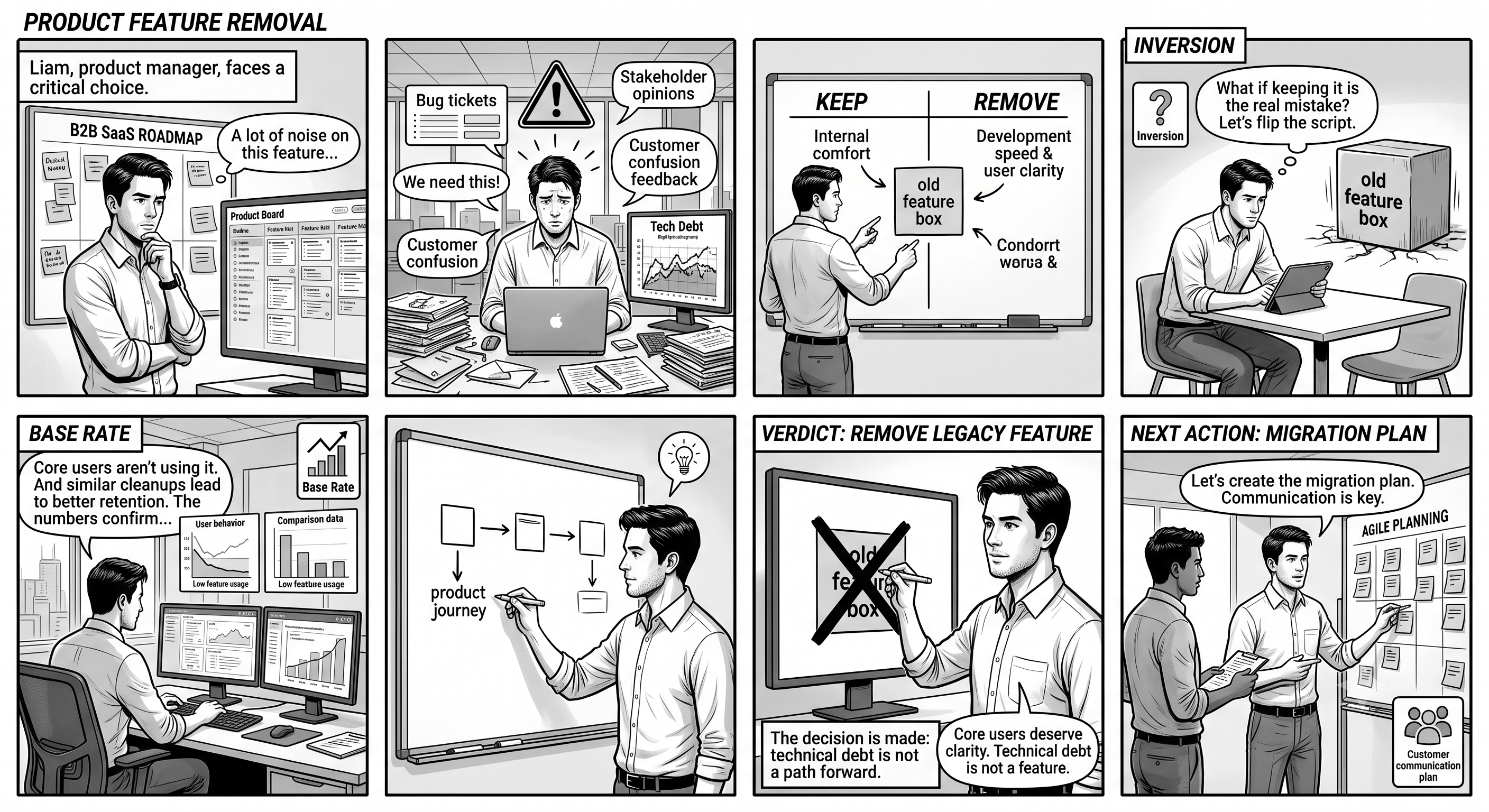 Product feature removal decision case for Liam Park showing tradeoffs, judgment, and action.