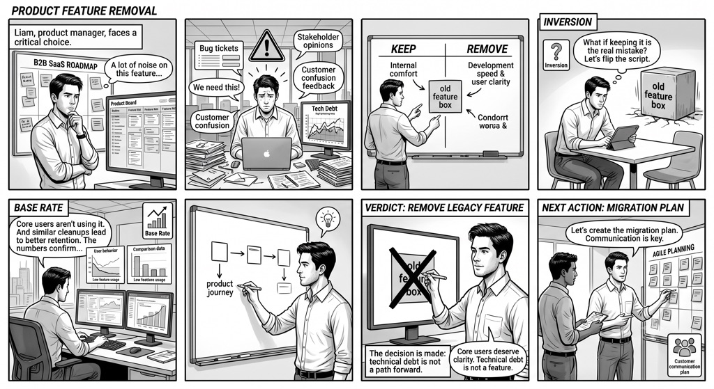 Product feature removal decision case for Liam Park showing tradeoffs, judgment, and action.